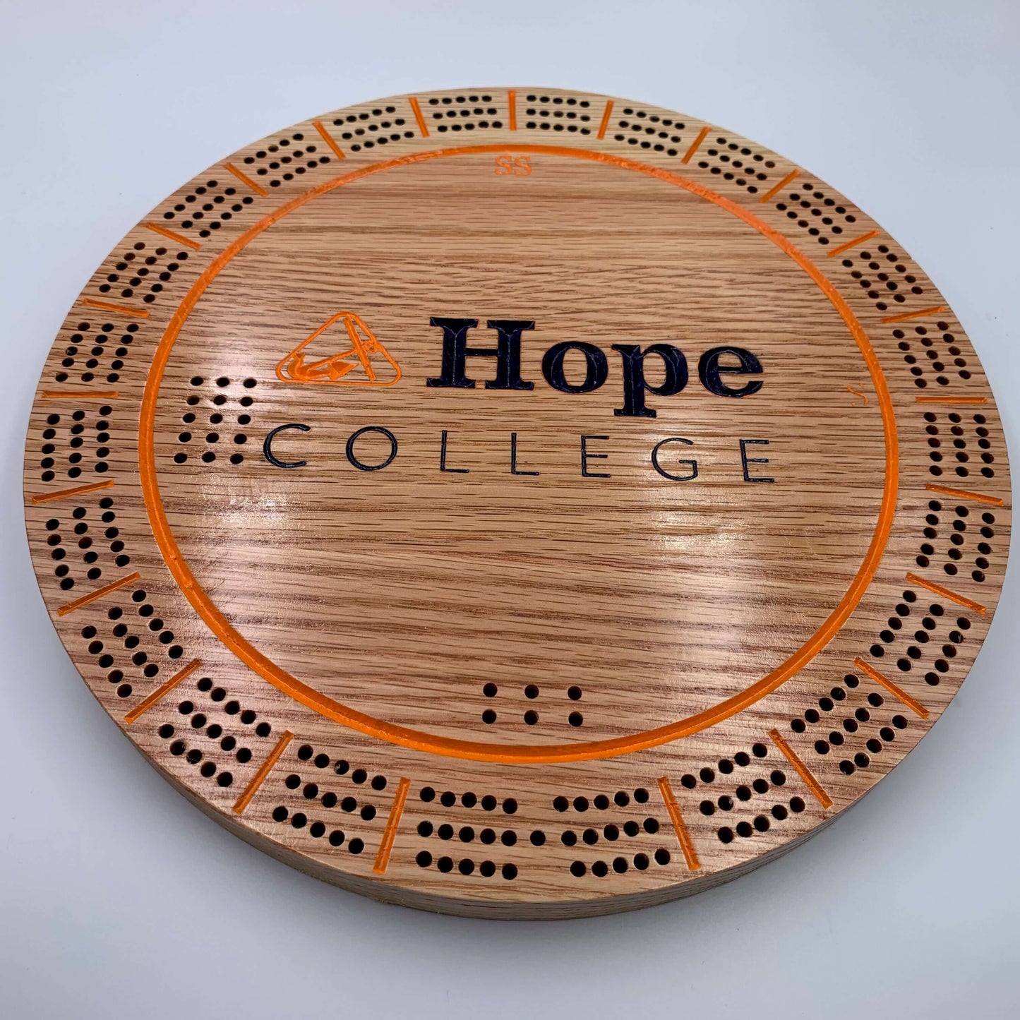 Custom laser engraved circle cribbage board with metal pegs