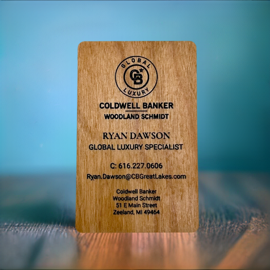 Laser engraved wood NFC business card with contact chip
