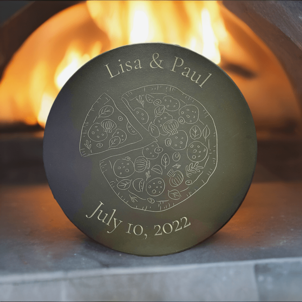 Custom laser engraved black cordierite pizza stone