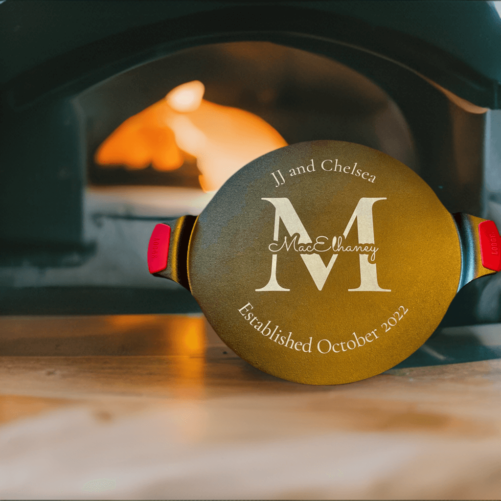 Personalized cast iron skillet with engraved recipe design