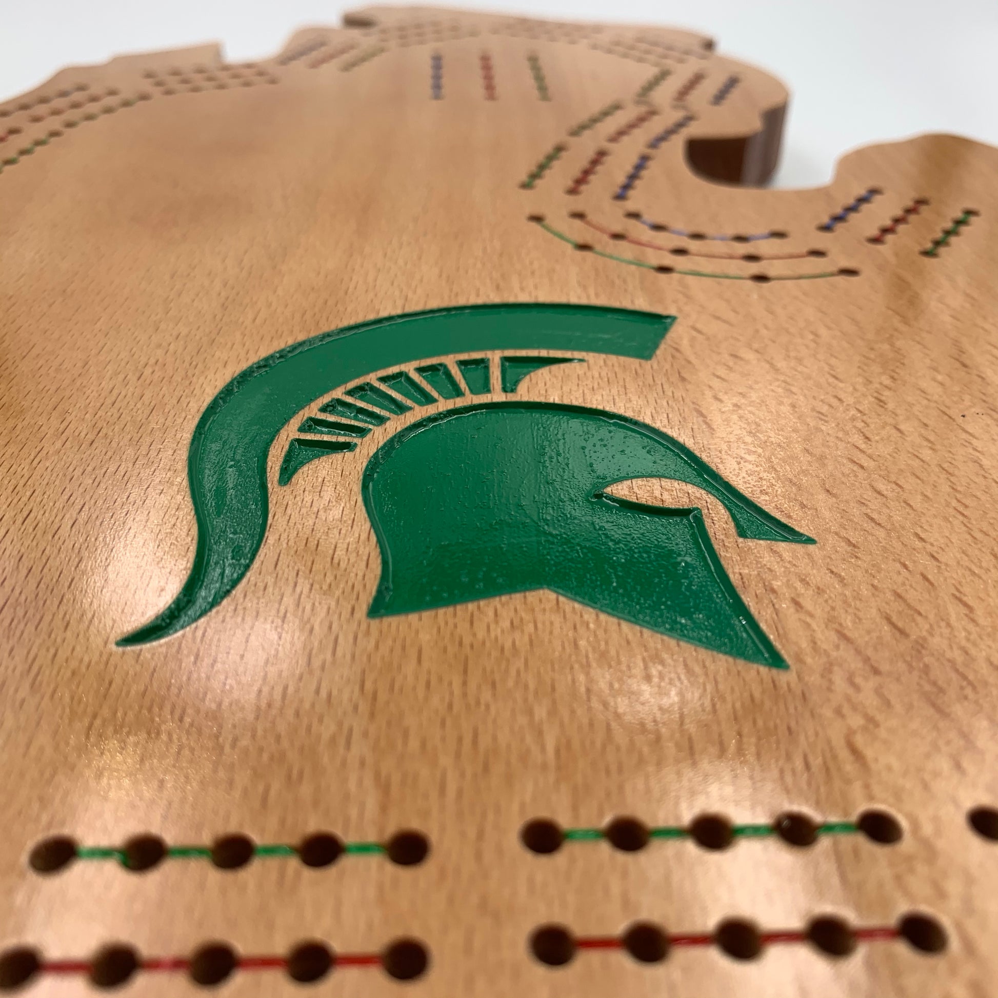 Custom engraved Michigan state shaped cribbage board Michigan State